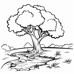 a tree next to a stream of water