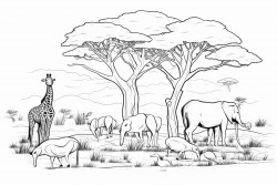 an african safari scene with 12 animals and 2 baobab trees