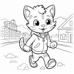 a happy cat wearing clothes walking down the road