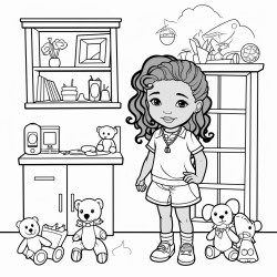 african american cute girl playing with dolls and a doll house