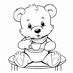 a cute fuzzy bear in a cafe enjoying a cup of tea