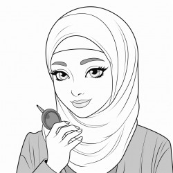 beautiful muslim girl putting on blush outline of drawing with thick and black