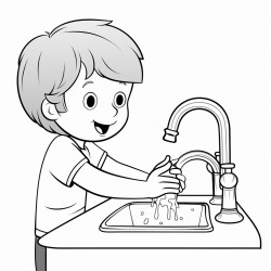 a kid rubbing and washing his hands under the tap water image should be black and white