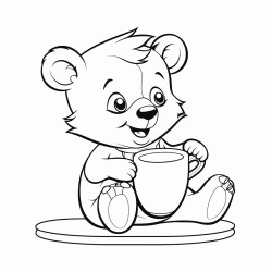 a cute fuzzy bear in a cafe enjoying a cup of tea