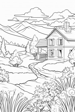 switzerland landscape with a quaint stone house surrounded by flowers and a cypress tree a foxe in lavender fields