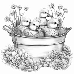 swimming baby ducks in a zinc tub filled with water in a romantic farmers garden