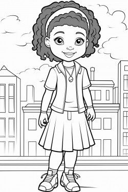 a african american little girl with a long jean skirt standing on a building