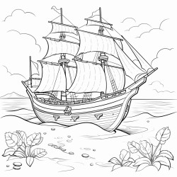 treasure in a beach with pirate boats sailing in a lake behind