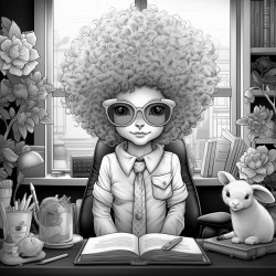 female anthropomorphic rabbit with an afro works in an office