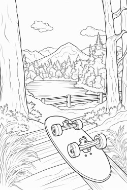 create a drawing of a skateboard with a nice scenery on it