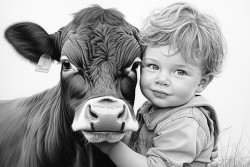 boy showing a cow