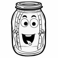 black and white line drawing of a pickle face and hands pressed against the inside of a glass jar