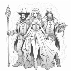 short female witch surrounded by three tall guys dressed in classic horror costumes