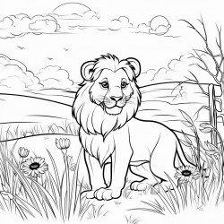vibrant savannah scene around the lion  tall grass  sky