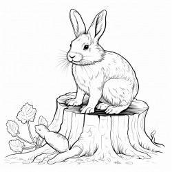 a rabbit eating a carrot in front of a tree stump