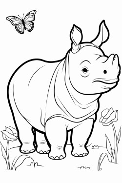 a cute and adorable single horn indonesian rhino with butterflies gently landing on its horn and back
