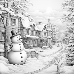 snowman village with snowmen, snowwomen, and snow children enjoying the snow