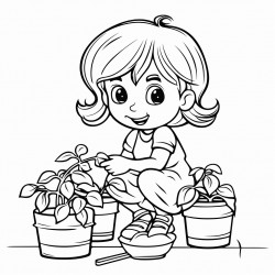 small girl with 2 ponytails working on a potted tomato plant