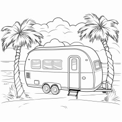 a track caravan with some palm trees behind it