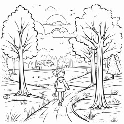 a cute autumn sunset stroll  coloring bookvector white background black and white black drawing