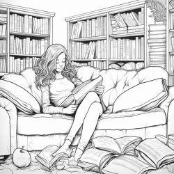 a beautiful woman wearing jeans and a tshirt curled up on a couch under a blanket in a home library reading a book