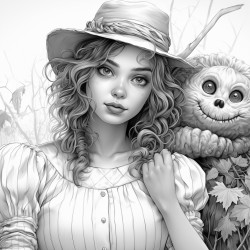 a beautiful country woman with check shirt and a hairbun leaning against a scarecrow