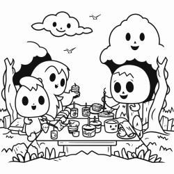 a kawaii picnic scene in a graveyard with cute ghosts as guests