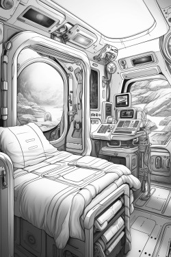 space ship cabin c bed with screens with desk space futuristic detail coloring book