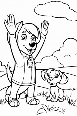 unicorm high fiving a dog in a green pasture with the sky behind them blank coloring page