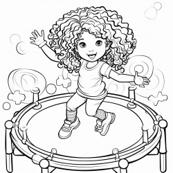 big curly hair girl jumping on trampoline