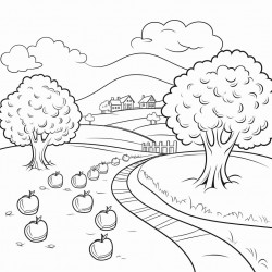 apple orchard on both sides of a road