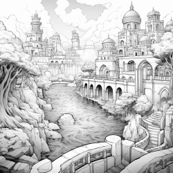 a fantasy water kingdom with a surounding related village