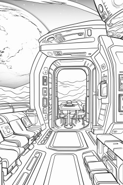 futuristic cabin of a spaceship in space with screens in space