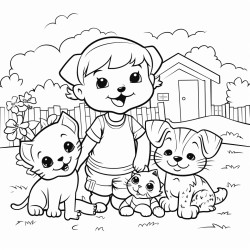 cute kids dogs and cat playing in the garden coloring book for toddlers