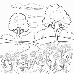 make me a drawing page of trees and a field with flowers