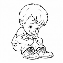 child putting on their shoes with their eyes closed