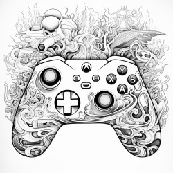a detailed game controller surrounded by swirling smoke and techinspired designs