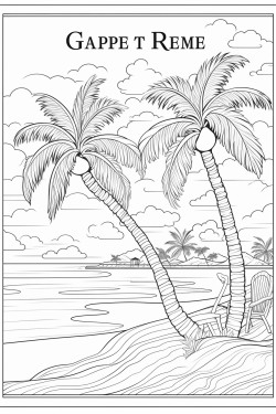 a beach scene including palm trees with the words happy retirement in large outlined font centered in the foreground