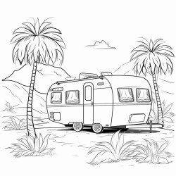 a caravan with some palm trees behind it