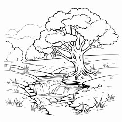 a tree next to a stream of water
