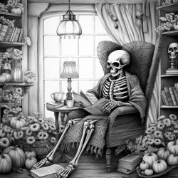 skeleton in fuzzy socks reads a book sipping tea in a cozy bedroom with string lights cobwebs and fall decor