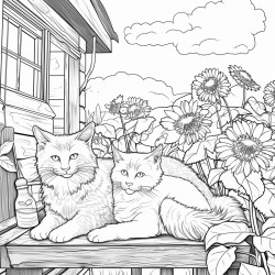 two cats sleeping on the edge of a veranda of a farm house sunflowers in the background