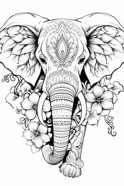 elephant zentangle art with flowers on the side
