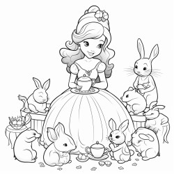 a princess having a tea party with a group of animals like bunnies squirrels and birds