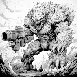 monster made of lava shooting a lava minigun