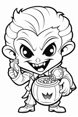 creepy but cute vampire eating a candy apple