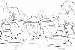 a clear outline of a waterfall with a few simple trees and rocks drawn with bold lines for easy coloring by young children