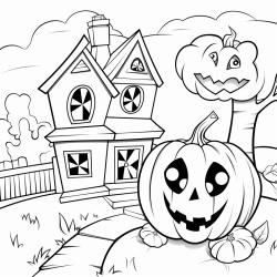 halloween pumpkins smiling in front of a house