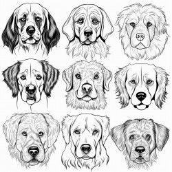 create a differest types of dog coloring pages with differest types of emotion of face