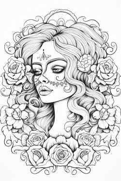 a gothic glamorous girl in gorgeous hair styles with skulls and flowers as jewelry or props